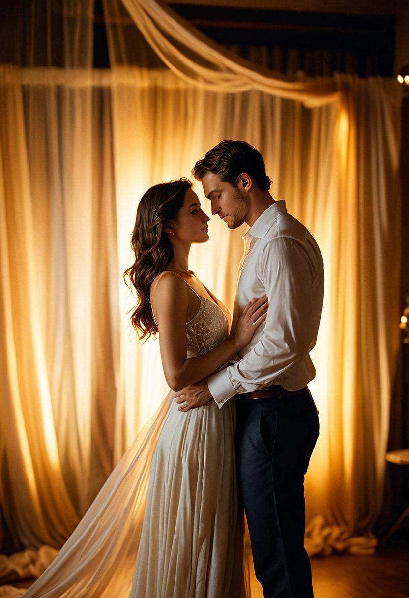 A beautifully lit film set showcasing a romantic scene between a couple in an intimate embrace, surrounded by soft flowing fabric that catches the light, emphasizing their emotional connection. Various cinematography equipment like cameras and lights creatively placed around them. The background is softly blurred, focusing on the couple and their love, while a warm glow envelops the scene, adding to the romantic atmosphere. super-realistic. vibrant colors. soft focus.