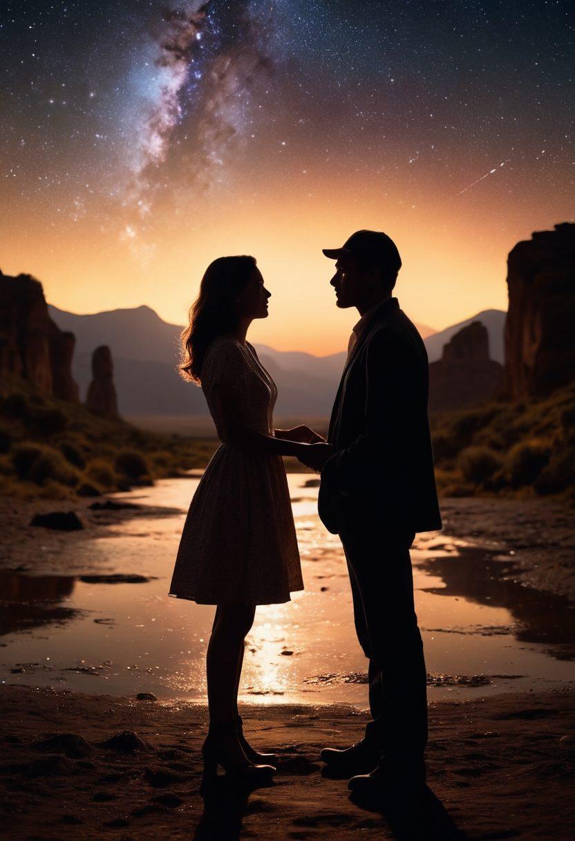 A cinematic scene depicting a couple sharing a romantic moment under a starry night sky, framed by a soft-focus lens effect. In the background, a movie clapperboard symbolizes the journey from script to screen, while delicate light flares create a dreamy atmosphere. The scene should evoke emotion, capturing the essence of storytelling in cinema. super-realistic. vibrant colors. dreamy ambiance.